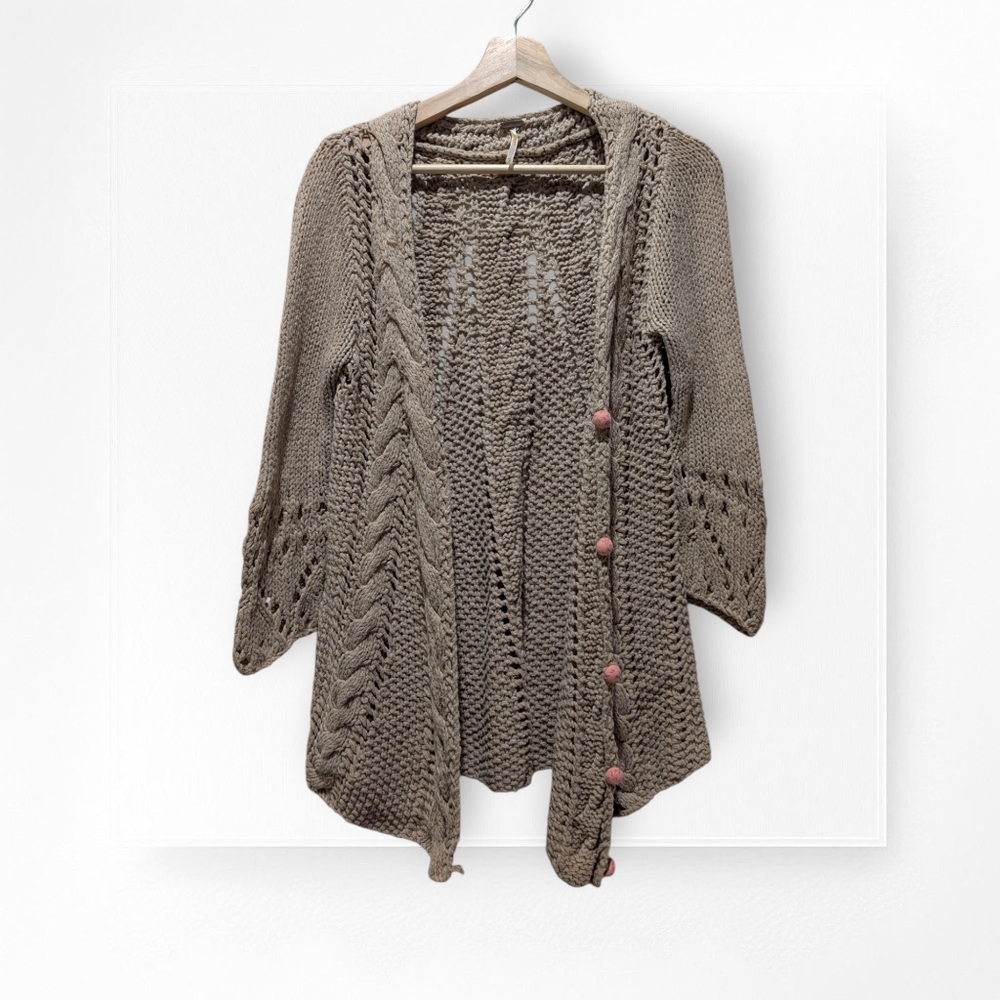 Free People Long Cardigan Sweater Tan Cable Knit Button Cotton Acrylic Small